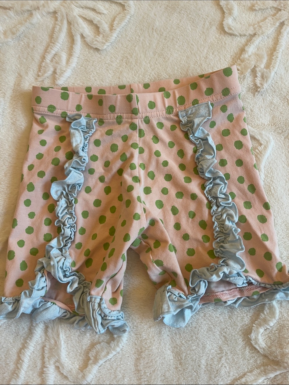 Matilda Jane Pink Shorts with Green Polka Dots and Light Blue Ruffle Trim